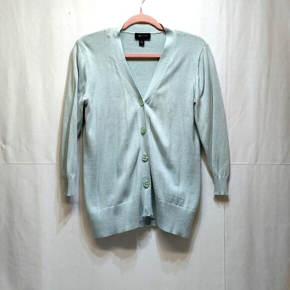 AB Studio Mint V-Neck Cardigan Medium 100% Cotton Lightweight Knit Style 0420M7M - Picture 1 of 9